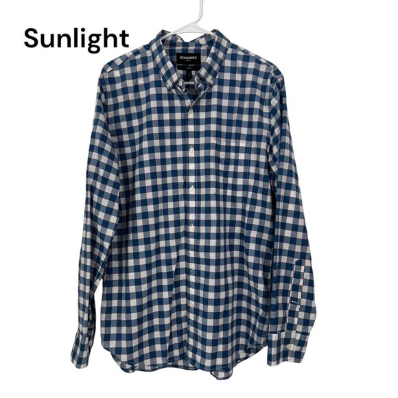 Bonobos Mens SZ L Slim Fit Stretch Blue White Red Plaid Button Down Shirt Casual - Picture 1 of 11